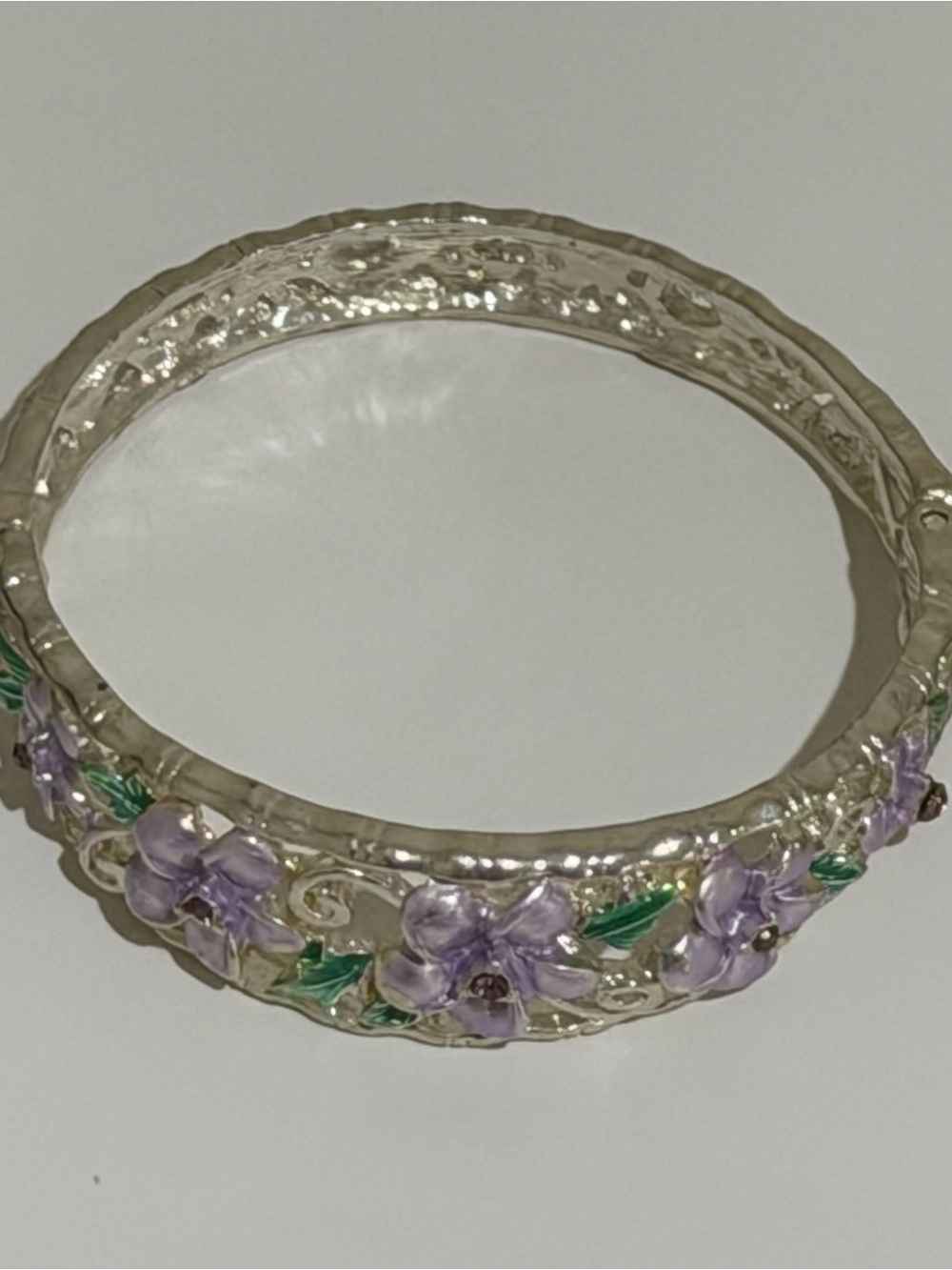 Silver-Tone Purple Floral Enamel Bangle Bracelet